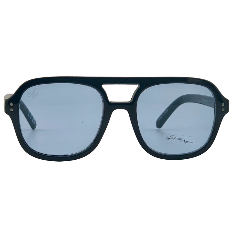 BLACK AVIATOR FRAME WITH BLUE LENSES