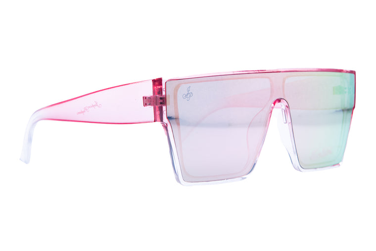 SQUARE FRAME IN PINK WITH PINK TO GREEN MIRROR LENSES