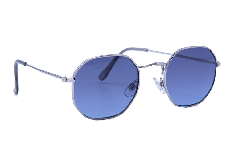 SILVER HEXAGON SHAPE FRAMES WITH BLUE LENSES