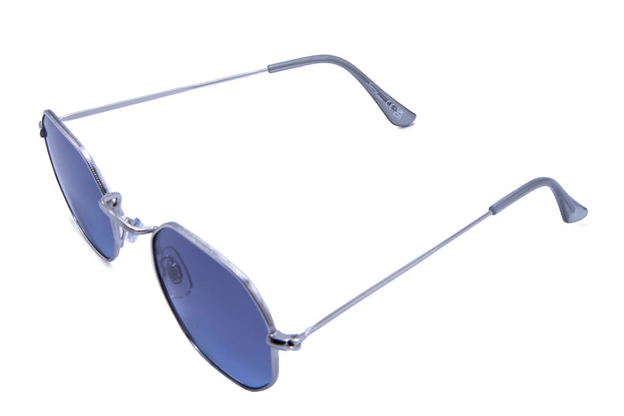 SILVER HEXAGON SHAPE FRAMES WITH BLUE LENSES