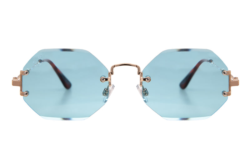 GOLD RIMLESS FRAME WITH BLUE LENSES