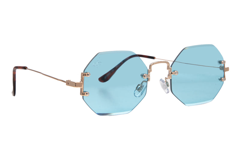 GOLD RIMLESS FRAME WITH BLUE LENSES