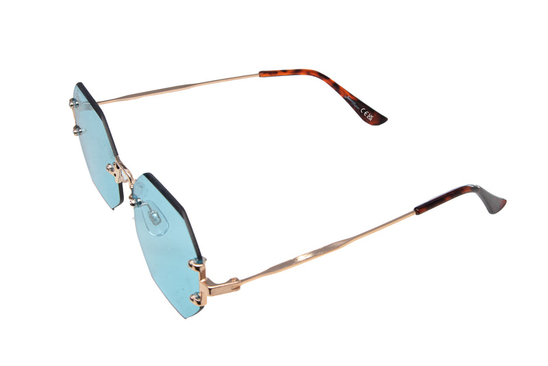 GOLD RIMLESS FRAME WITH BLUE LENSES