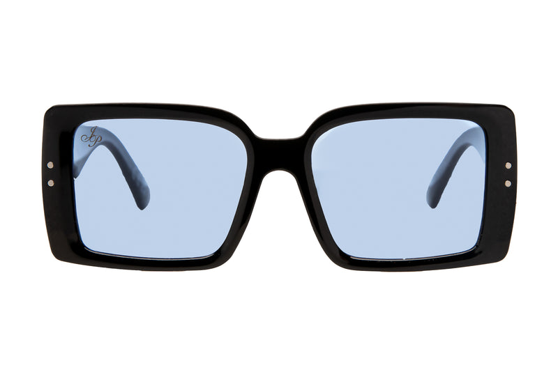 Black frame glasses with blue lenses on sale